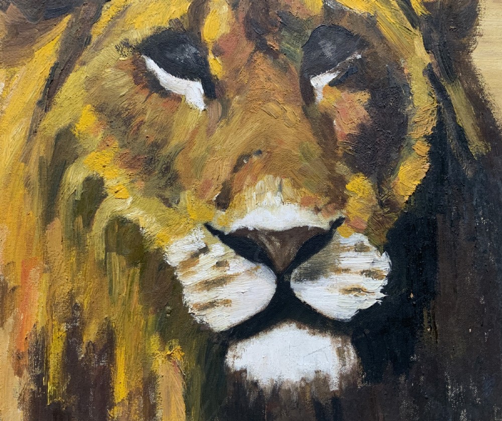 A framed mid-century oil painting depicting a close-up portrait of a male lion with textured brushwork in golden yellow, brown, and ochre hues. View VI