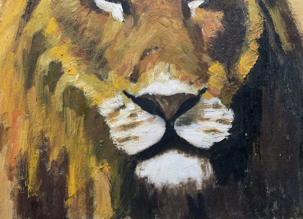 A framed mid-century oil painting depicting a close-up portrait of a male lion with textured brushwork in golden yellow, brown, and ochre hues. View VII