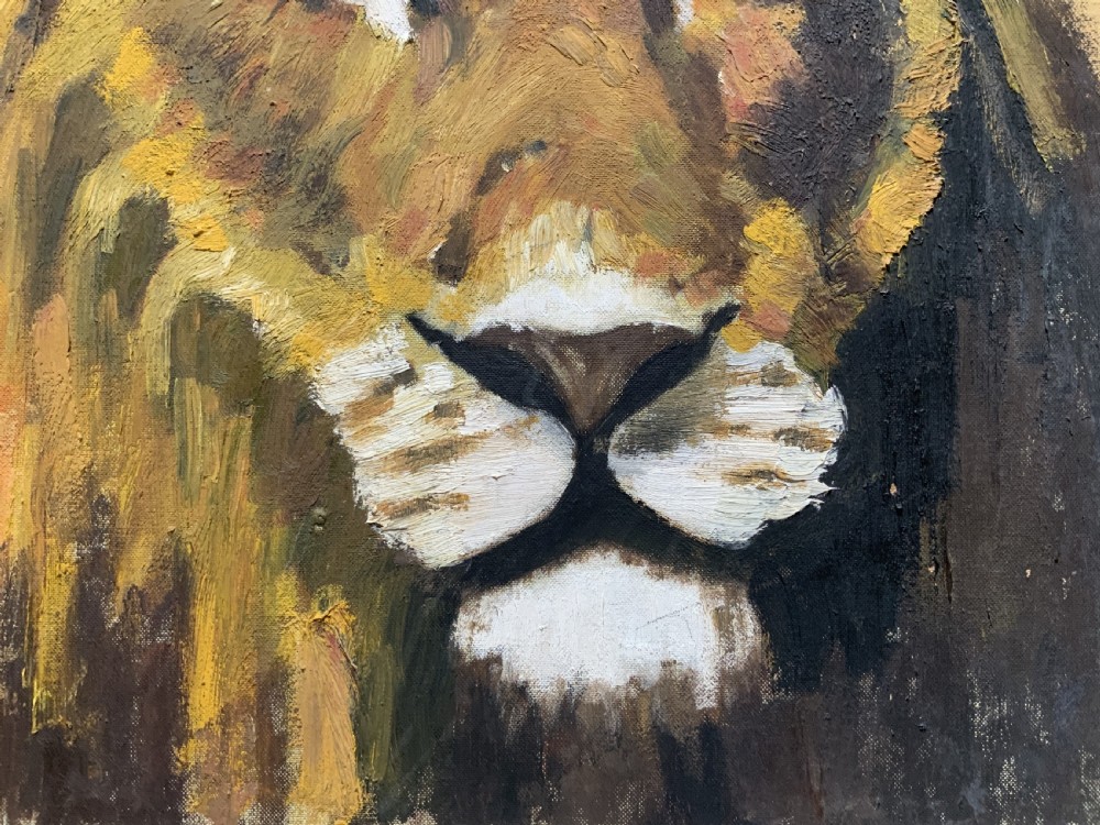 A framed mid-century oil painting depicting a close-up portrait of a male lion with textured brushwork in golden yellow, brown, and ochre hues. View VIII