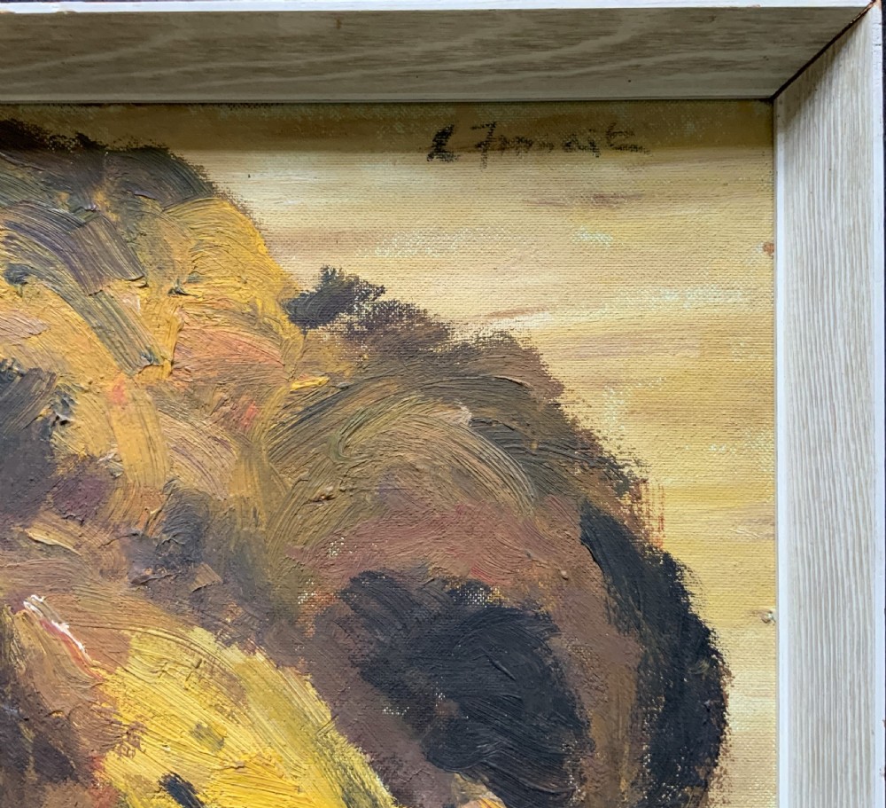 A framed mid-century oil painting depicting a close-up portrait of a male lion with textured brushwork in golden yellow, brown, and ochre hues. View IX