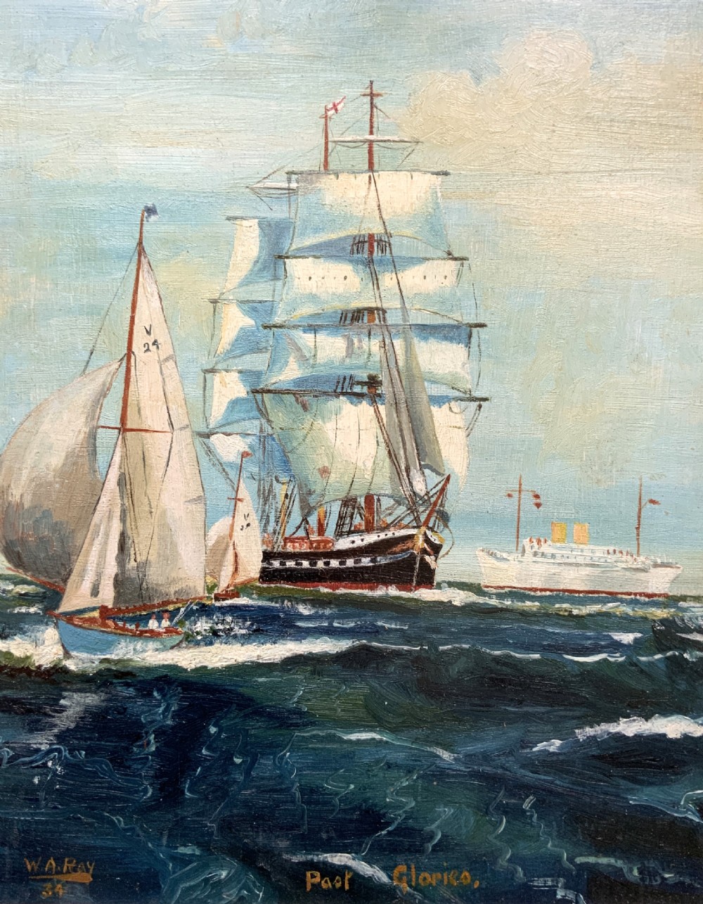 Sailing Ship Past Glories Original 1934 Nautical Oil On Board Seascape Painting View III