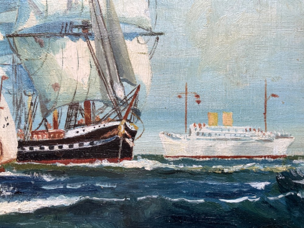 Sailing Ship Past Glories Original 1934 Nautical Oil On Board Seascape Painting View VIII