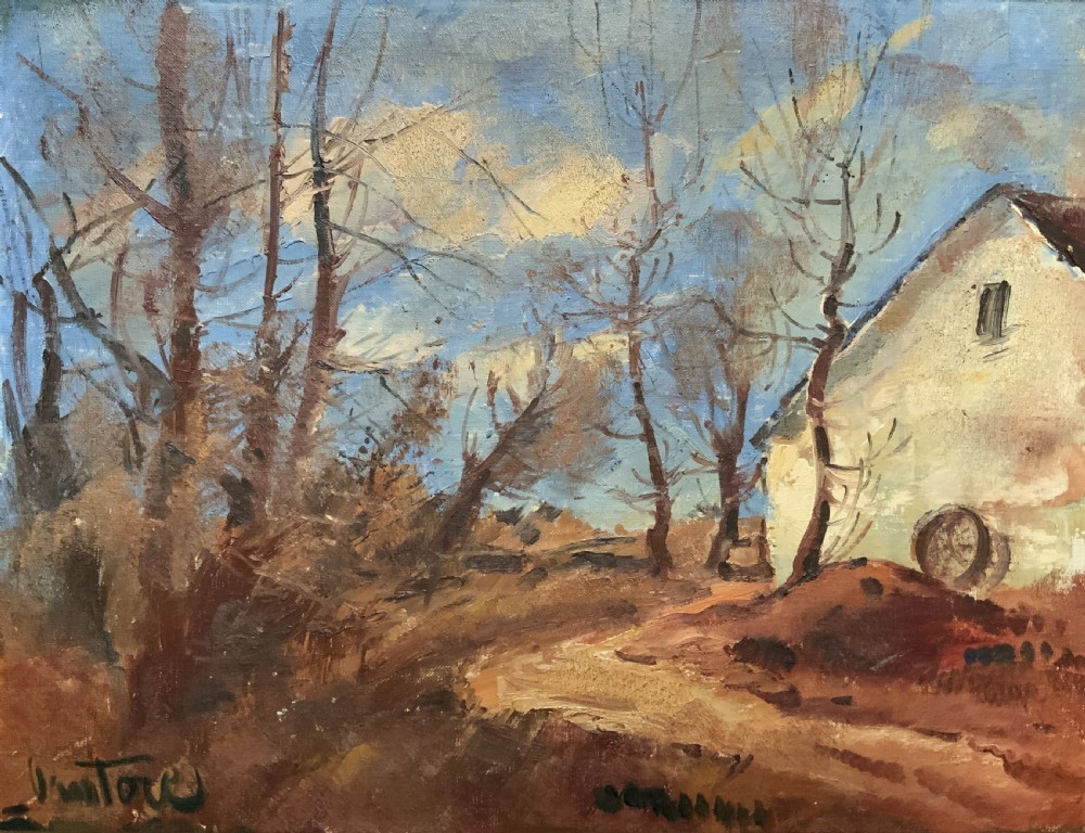 A framed mid-20th-century oil painting depicting a rural countryside scene with bare trees, a white building, and a dirt path under a blue sky. View II