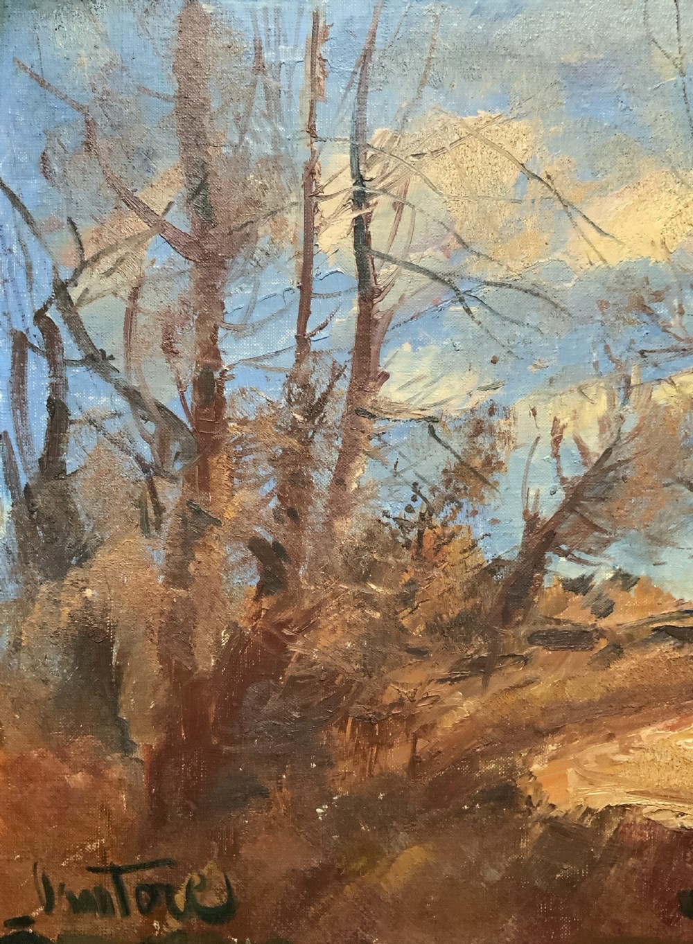 A framed mid-20th-century oil painting depicting a rural countryside scene with bare trees, a white building, and a dirt path under a blue sky. View VI