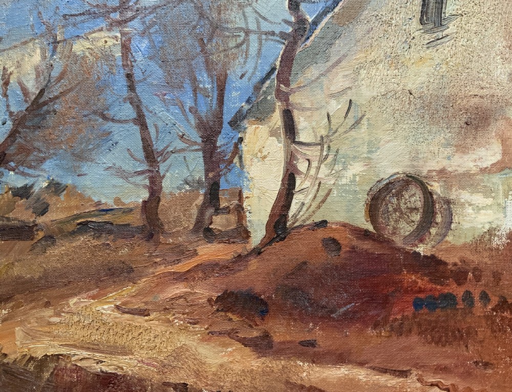 A framed mid-20th-century oil painting depicting a rural countryside scene with bare trees, a white building, and a dirt path under a blue sky. View VII