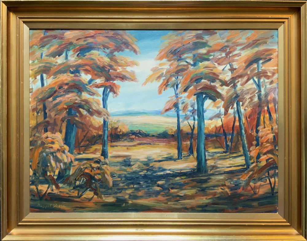 An oil painting depicting an autumnal Danish forest clearing with blue tree trunks and orange foliage, presented in a gold moulded frame.
