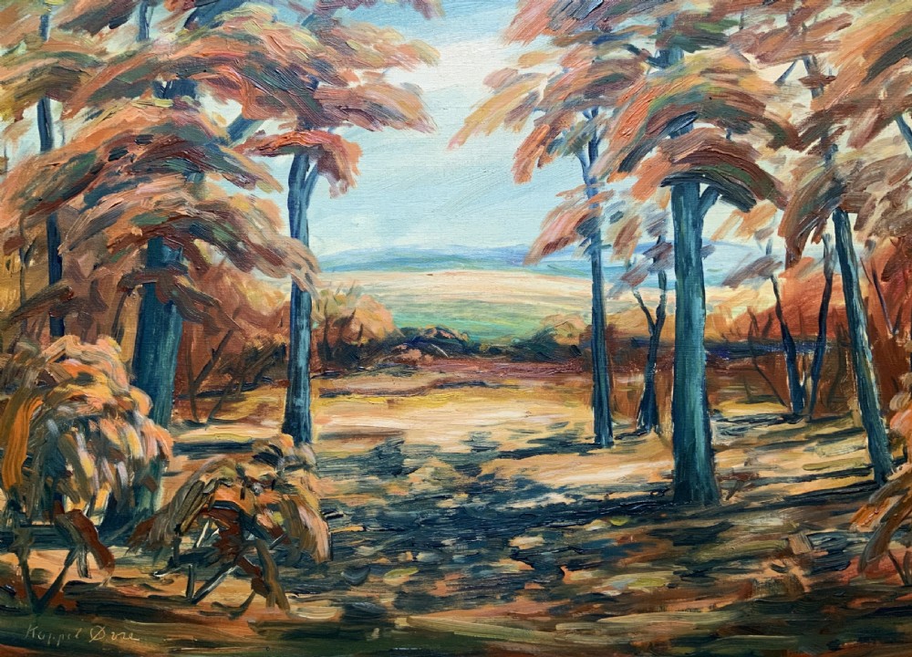 An oil painting depicting an autumnal Danish forest clearing with blue tree trunks and orange foliage, presented in a gold moulded frame. View III