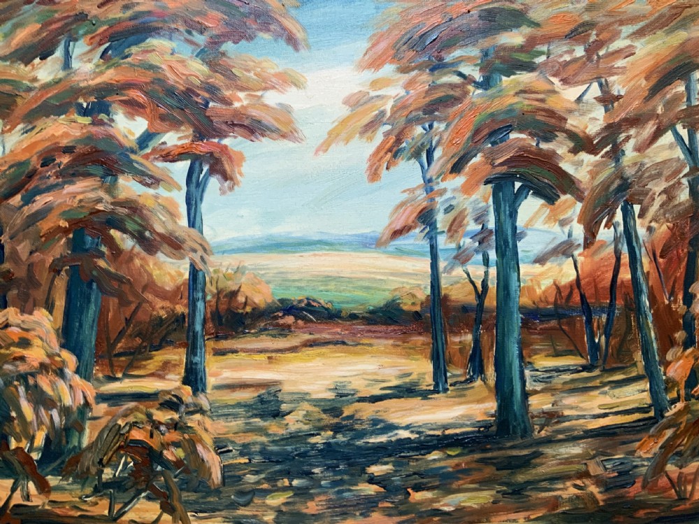 An oil painting depicting an autumnal Danish forest clearing with blue tree trunks and orange foliage, presented in a gold moulded frame. View IV