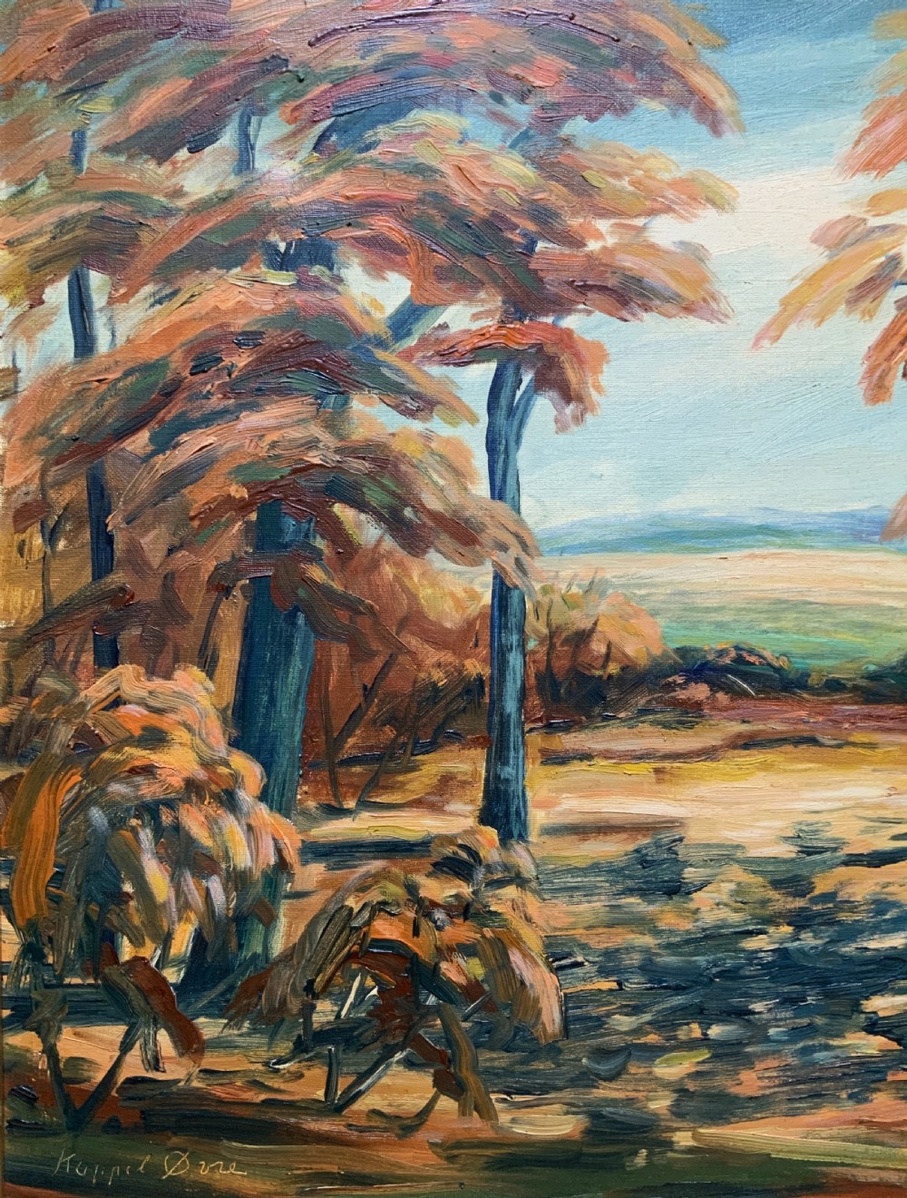 An oil painting depicting an autumnal Danish forest clearing with blue tree trunks and orange foliage, presented in a gold moulded frame. View VII