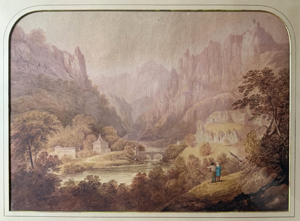 An antique 19th-century watercolour painting depicting a mountainous river landscape set within an arched cream mount and gilt wooden frame. View II
