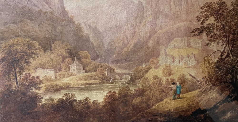 An antique 19th-century watercolour painting depicting a mountainous river landscape set within an arched cream mount and gilt wooden frame. View IV