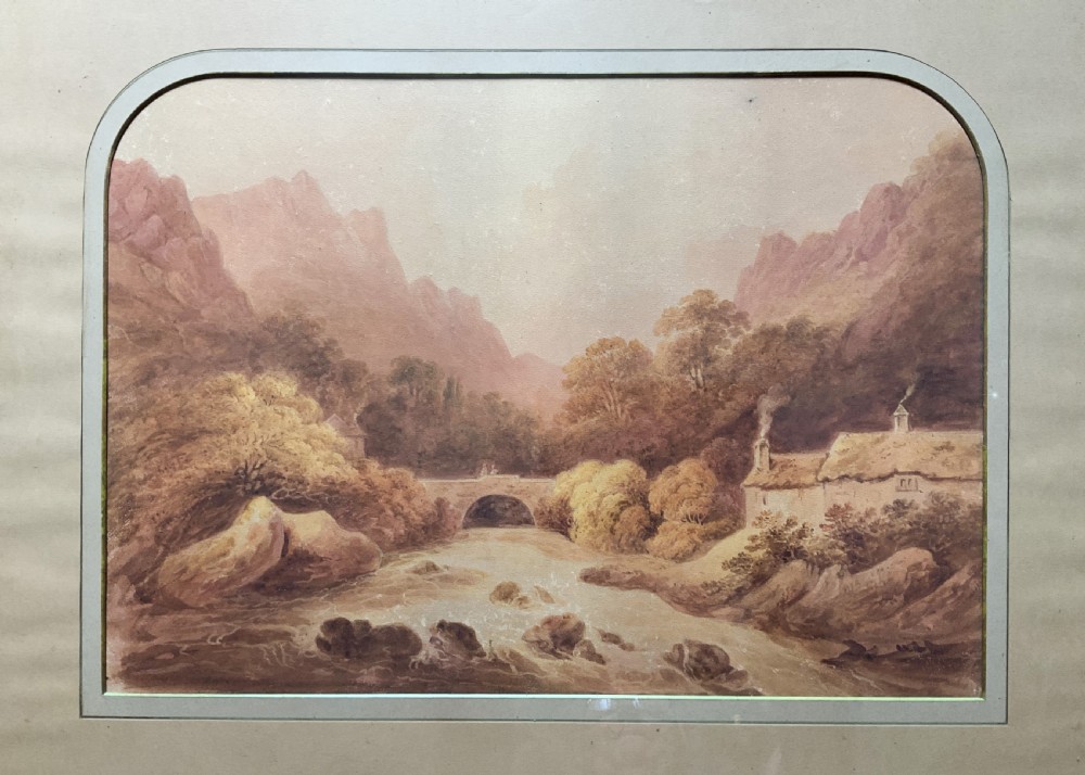 A Georgian era sepia watercolour painting depicting a Scottish Highland river landscape with a stone arch bridge, thatched cottage, and craggy mountains.