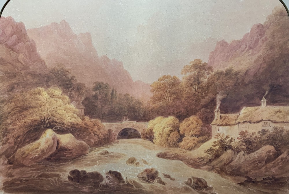 A Georgian era sepia watercolour painting depicting a Scottish Highland river landscape with a stone arch bridge, thatched cottage, and craggy mountains. View II