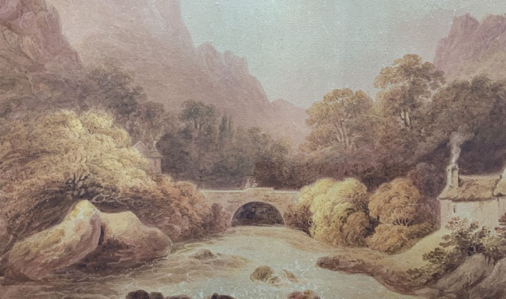 A Georgian era sepia watercolour painting depicting a Scottish Highland river landscape with a stone arch bridge, thatched cottage, and craggy mountains. View V