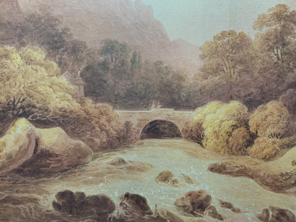 A Georgian era sepia watercolour painting depicting a Scottish Highland river landscape with a stone arch bridge, thatched cottage, and craggy mountains. View VI