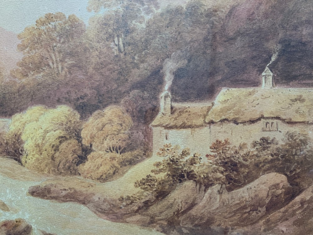 A Georgian era sepia watercolour painting depicting a Scottish Highland river landscape with a stone arch bridge, thatched cottage, and craggy mountains. View VII