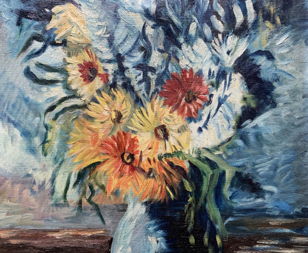 An impressionist oil painting depicting yellow and orange flowers in a blue vase against a textured blue backdrop, framed in a moulded gilt wooden frame. View IV