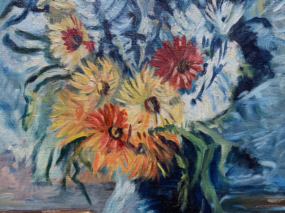 An impressionist oil painting depicting yellow and orange flowers in a blue vase against a textured blue backdrop, framed in a moulded gilt wooden frame. View V