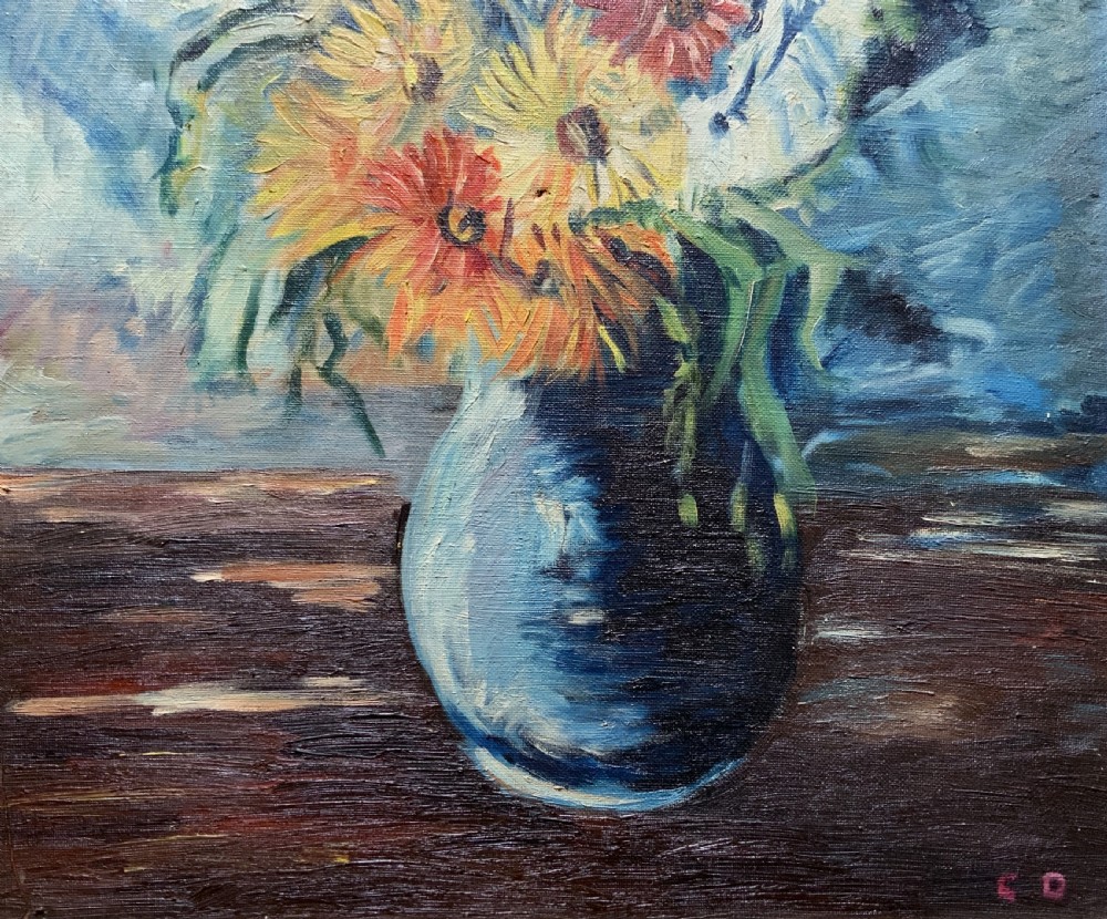 An impressionist oil painting depicting yellow and orange flowers in a blue vase against a textured blue backdrop, framed in a moulded gilt wooden frame. View VI