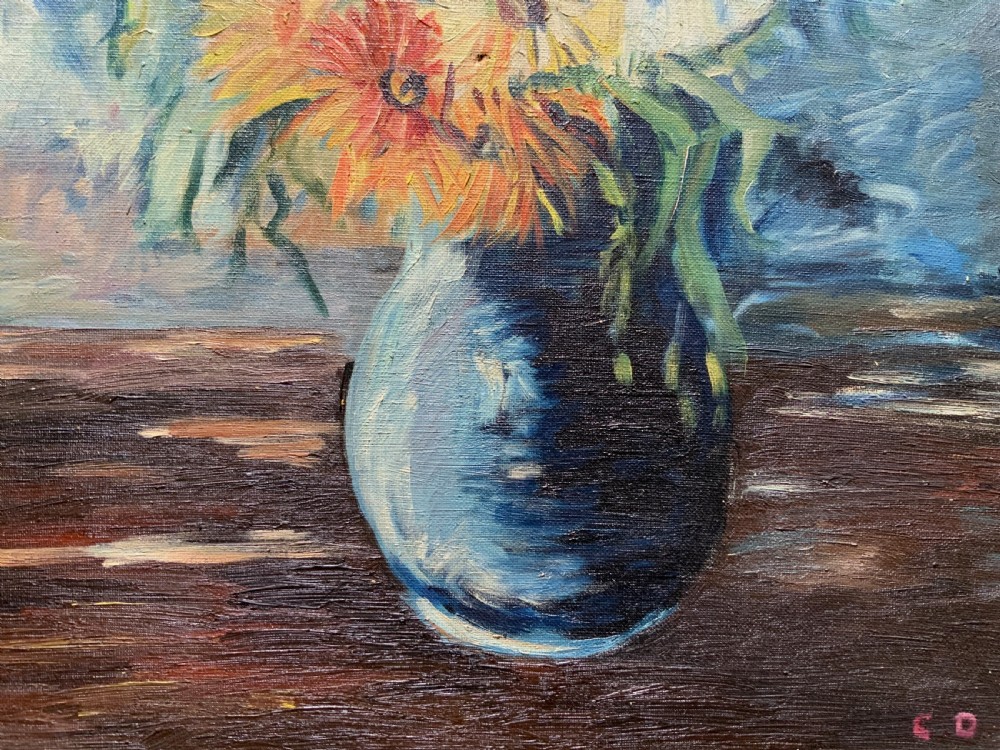 An impressionist oil painting depicting yellow and orange flowers in a blue vase against a textured blue backdrop, framed in a moulded gilt wooden frame. View VII