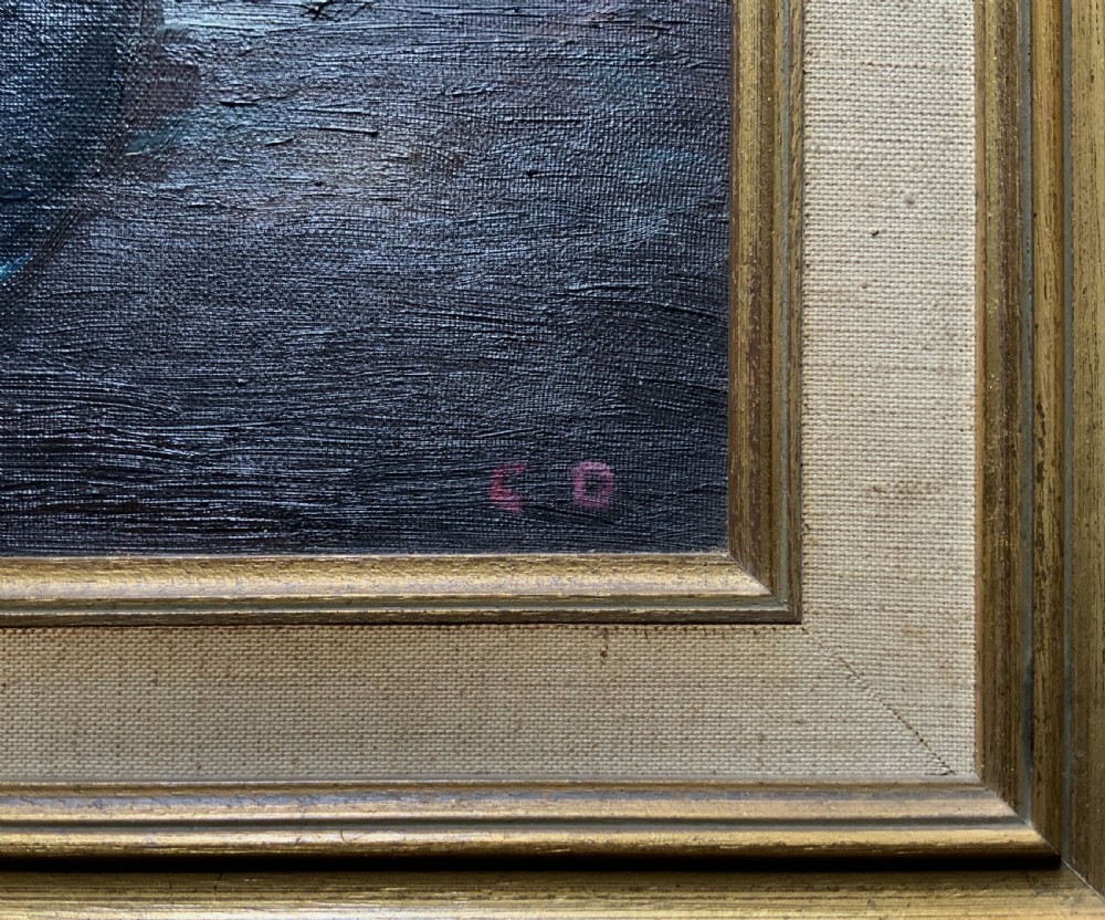 An impressionist oil painting depicting yellow and orange flowers in a blue vase against a textured blue backdrop, framed in a moulded gilt wooden frame. View VIII