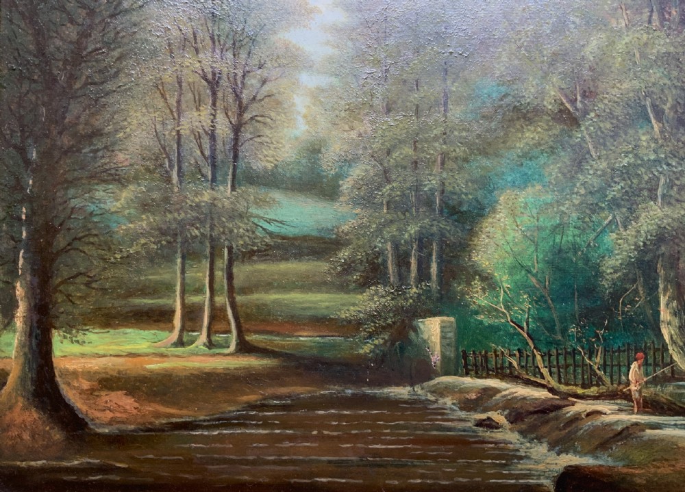 An early 20th-century landscape oil painting displaying a woodland river scene with a figure fishing near a weir, encased in a deep gold frame. View IV