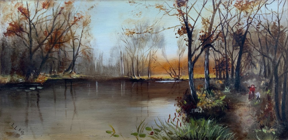 A GORGEOUS ORIGINAL EARLY 20thC AUTUMN RIVER LANDSCAPE OIL ON CANVAS PAINTING View II