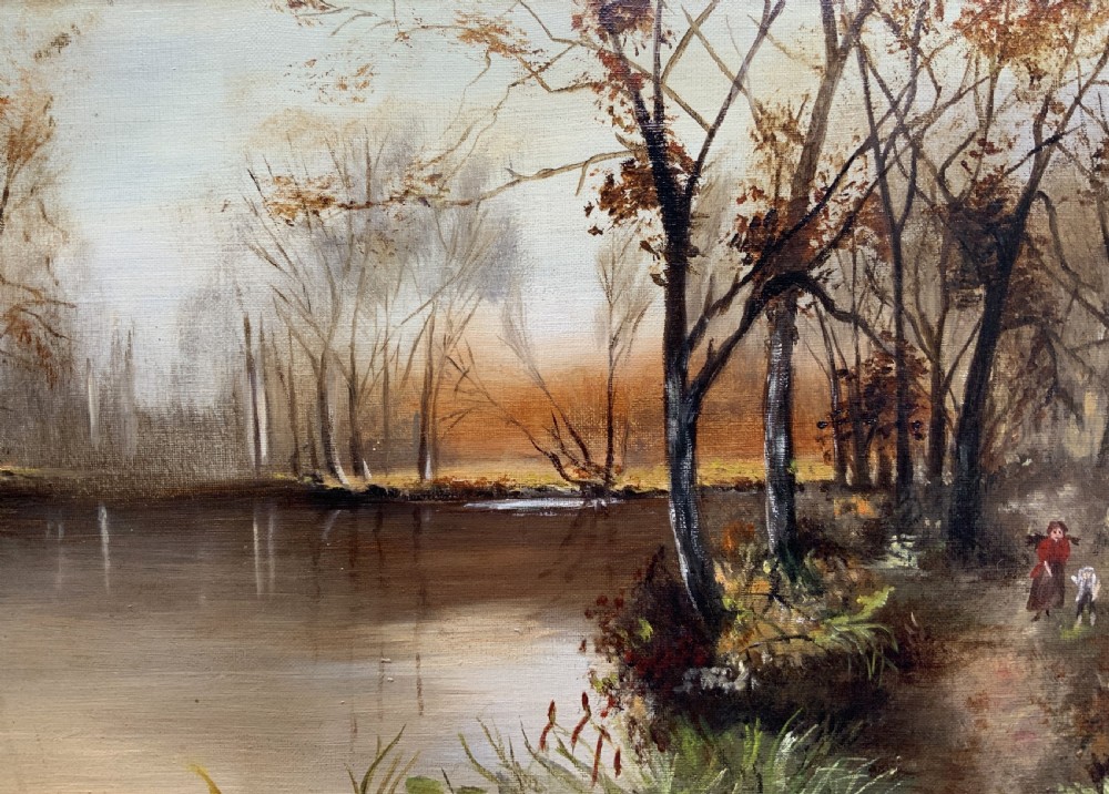 A GORGEOUS ORIGINAL EARLY 20thC AUTUMN RIVER LANDSCAPE OIL ON CANVAS PAINTING View III