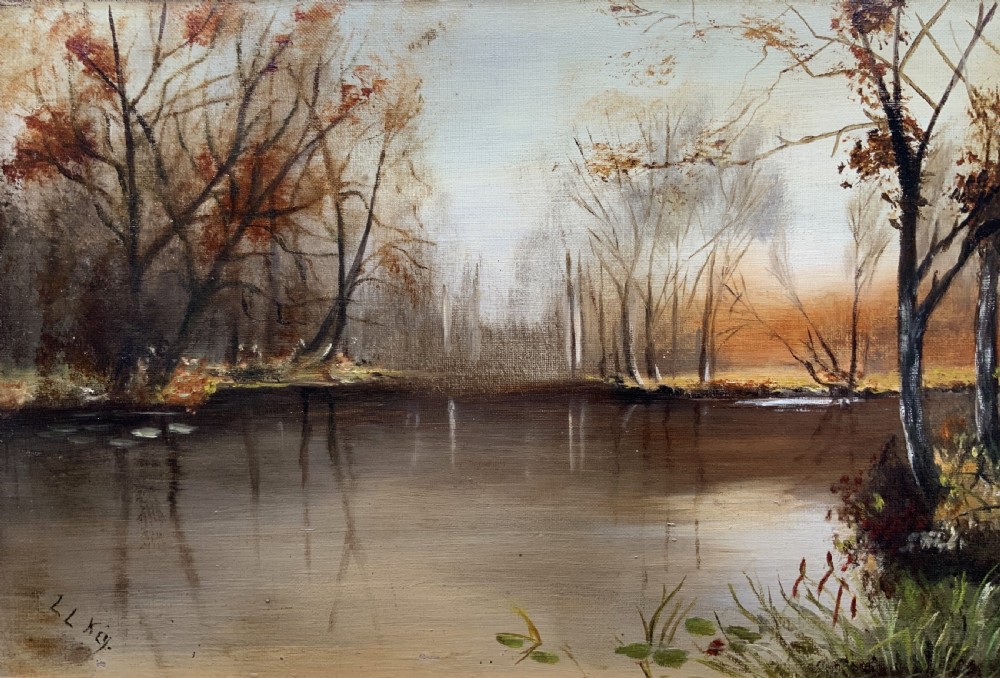 A GORGEOUS ORIGINAL EARLY 20thC AUTUMN RIVER LANDSCAPE OIL ON CANVAS PAINTING View IV