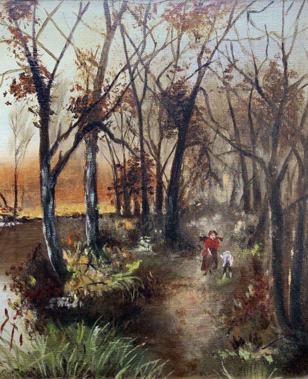 A GORGEOUS ORIGINAL EARLY 20thC AUTUMN RIVER LANDSCAPE OIL ON CANVAS PAINTING View V