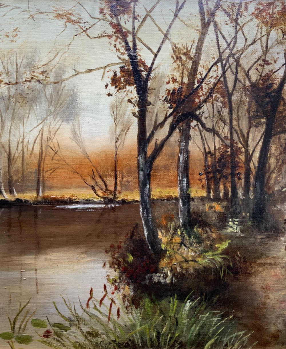 A GORGEOUS ORIGINAL EARLY 20thC AUTUMN RIVER LANDSCAPE OIL ON CANVAS PAINTING View VI
