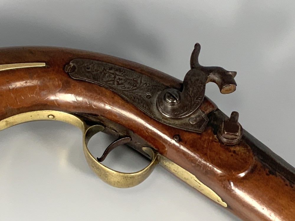 A 19th-century Regency smooth-bore percussion pistol with a carved walnut stock, engraved steel lockwork, and brass fittings. View XII