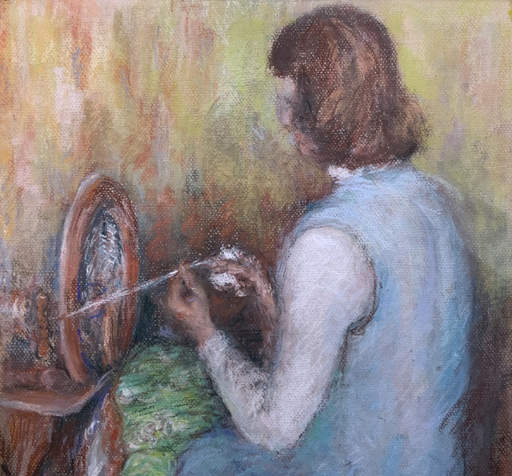 A framed 1951 post-impressionist pastel painting depicting a person in a light blue dress seated at a spinning wheel, set within a green mount and gold frame. View VI