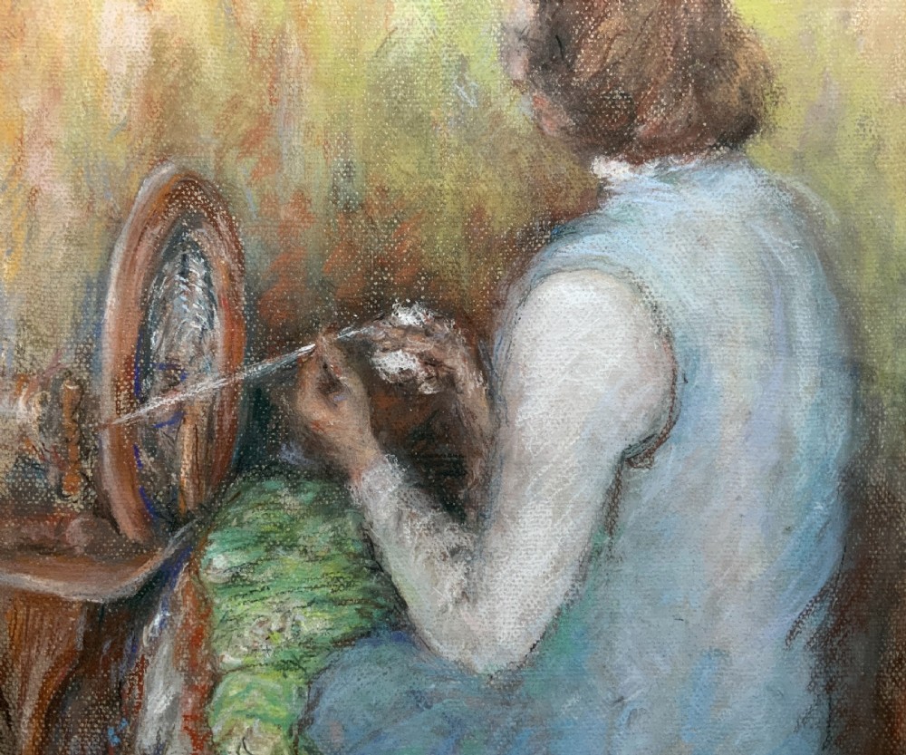 A framed 1951 post-impressionist pastel painting depicting a person in a light blue dress seated at a spinning wheel, set within a green mount and gold frame. View VII