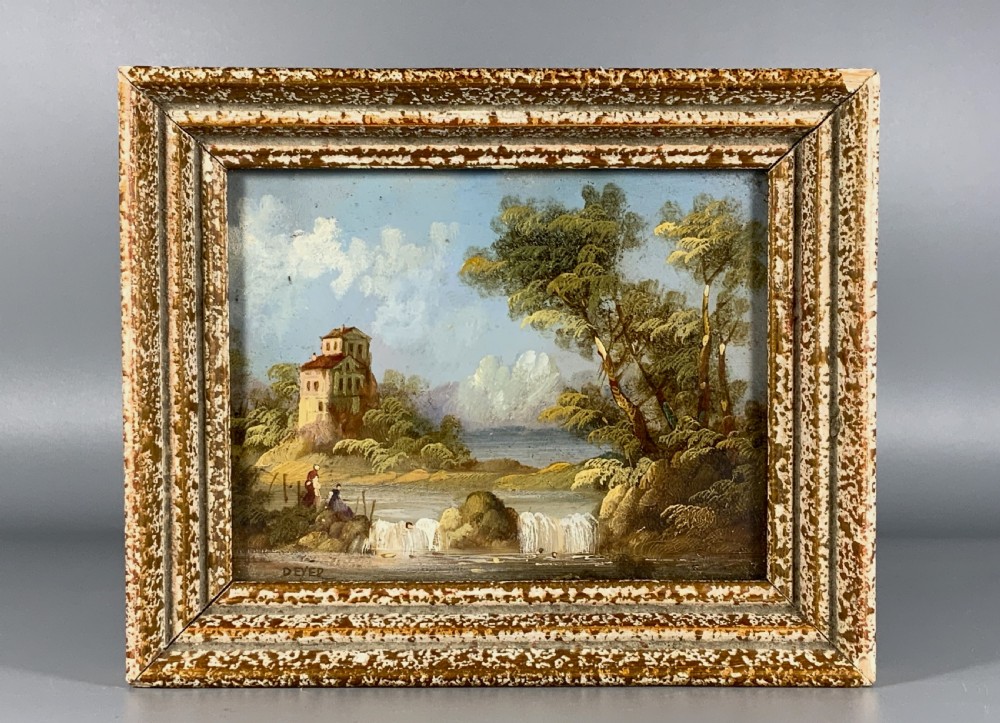 UNUSUAL MID-20th-CENTURY ITALIAN LAKE MINIATURE LANDSCAPE OIL PAINTING