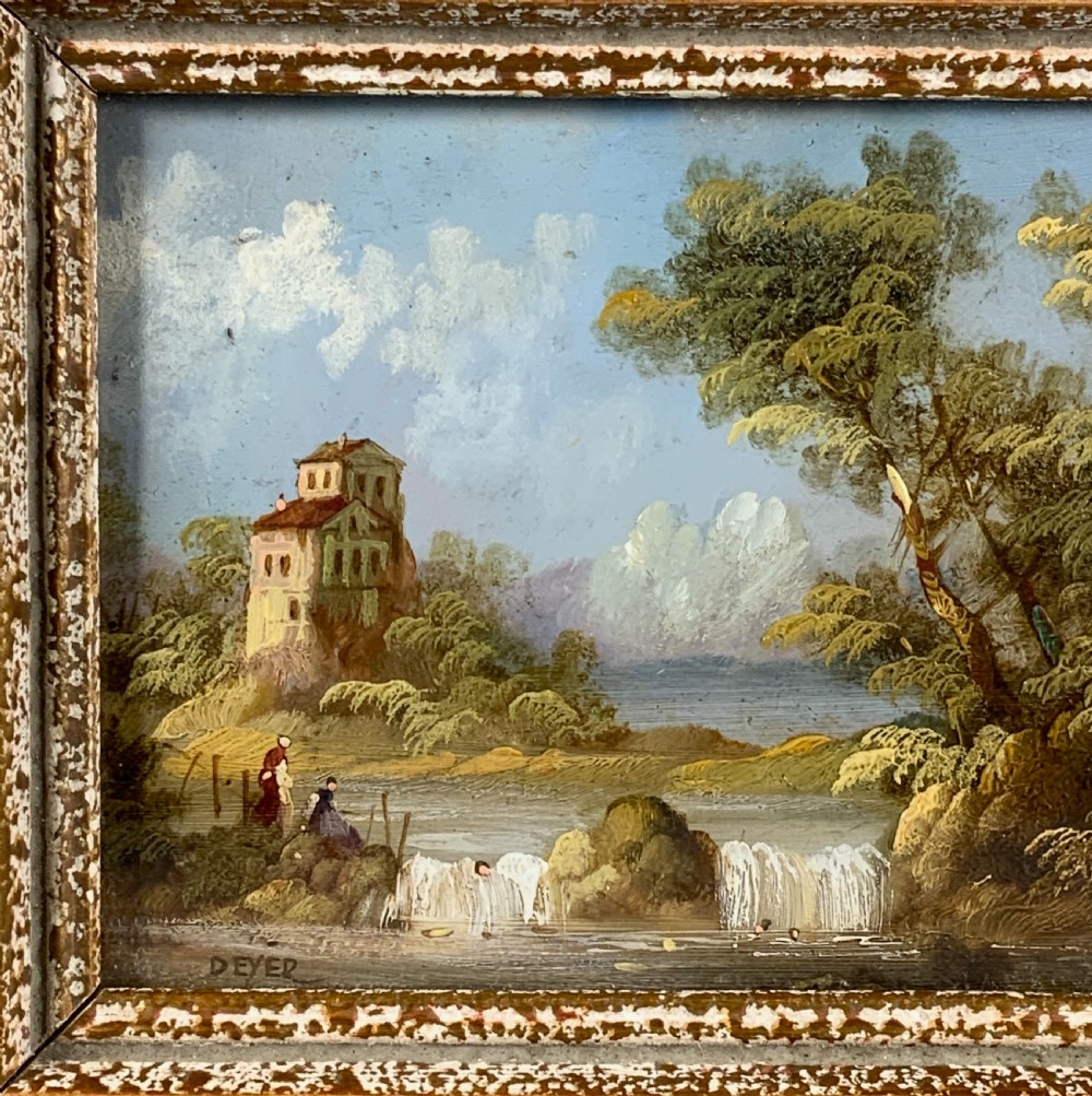 UNUSUAL MID-20th-CENTURY ITALIAN LAKE MINIATURE LANDSCAPE OIL PAINTING View V