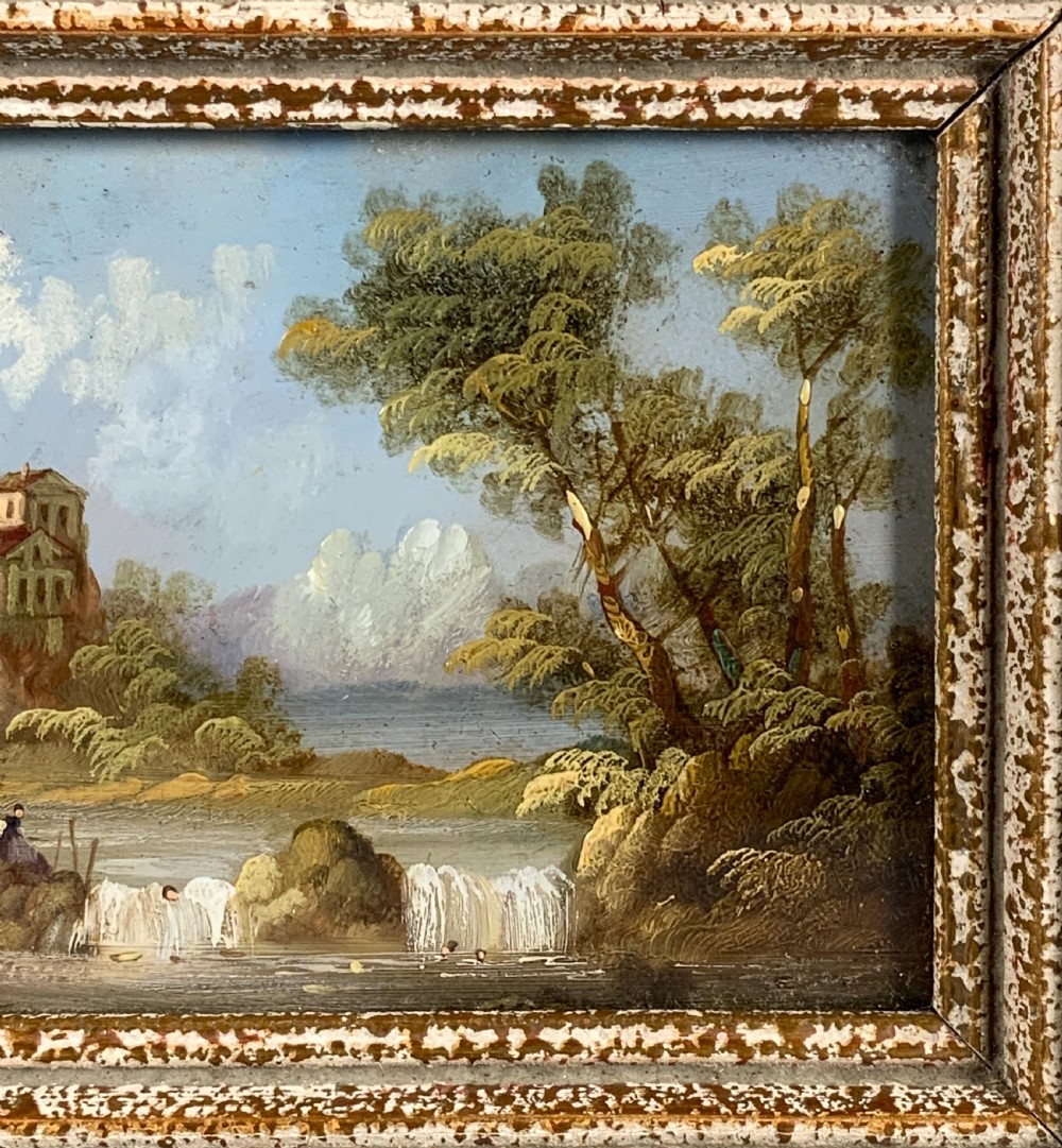 UNUSUAL MID-20th-CENTURY ITALIAN LAKE MINIATURE LANDSCAPE OIL PAINTING View VI