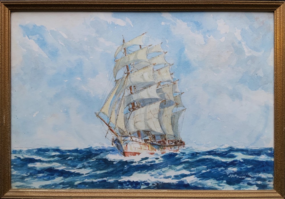 A framed 19th-century watercolour painting depicting a multi-masted sailing ship navigating choppy blue seas under a cloudy sky.