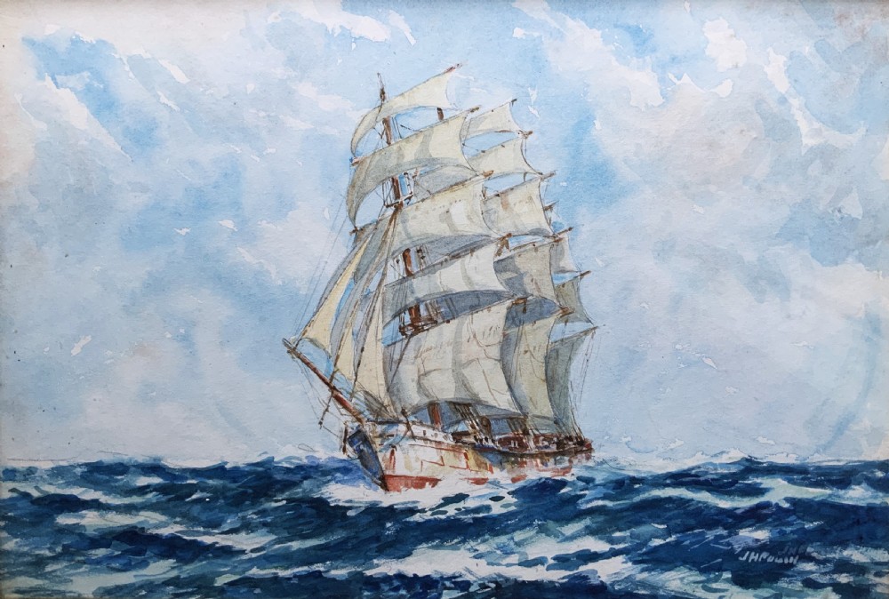 A framed 19th-century watercolour painting depicting a multi-masted sailing ship navigating choppy blue seas under a cloudy sky. View II