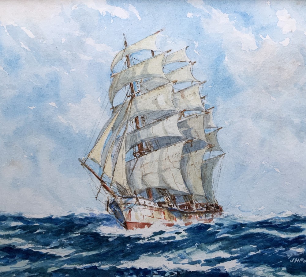 A framed 19th-century watercolour painting depicting a multi-masted sailing ship navigating choppy blue seas under a cloudy sky. View III