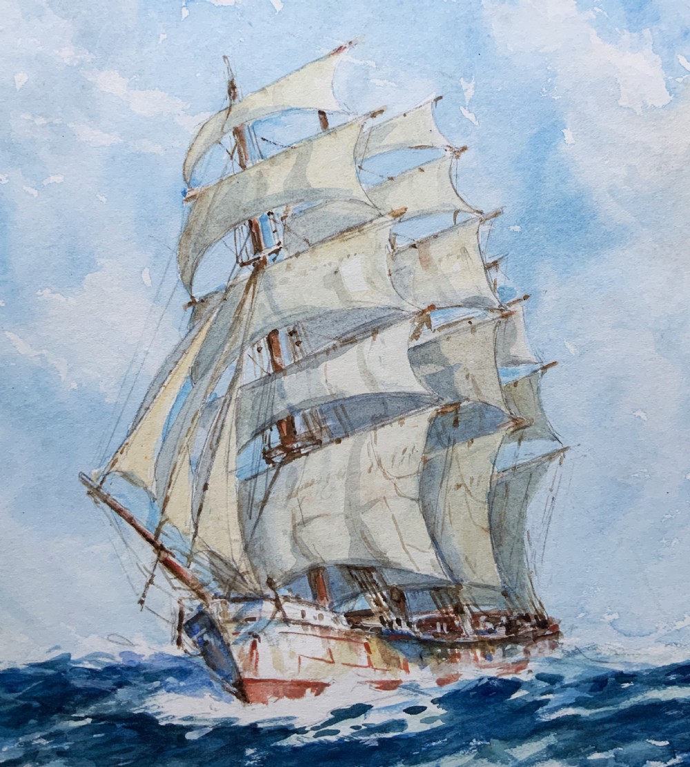 A framed 19th-century watercolour painting depicting a multi-masted sailing ship navigating choppy blue seas under a cloudy sky. View IV