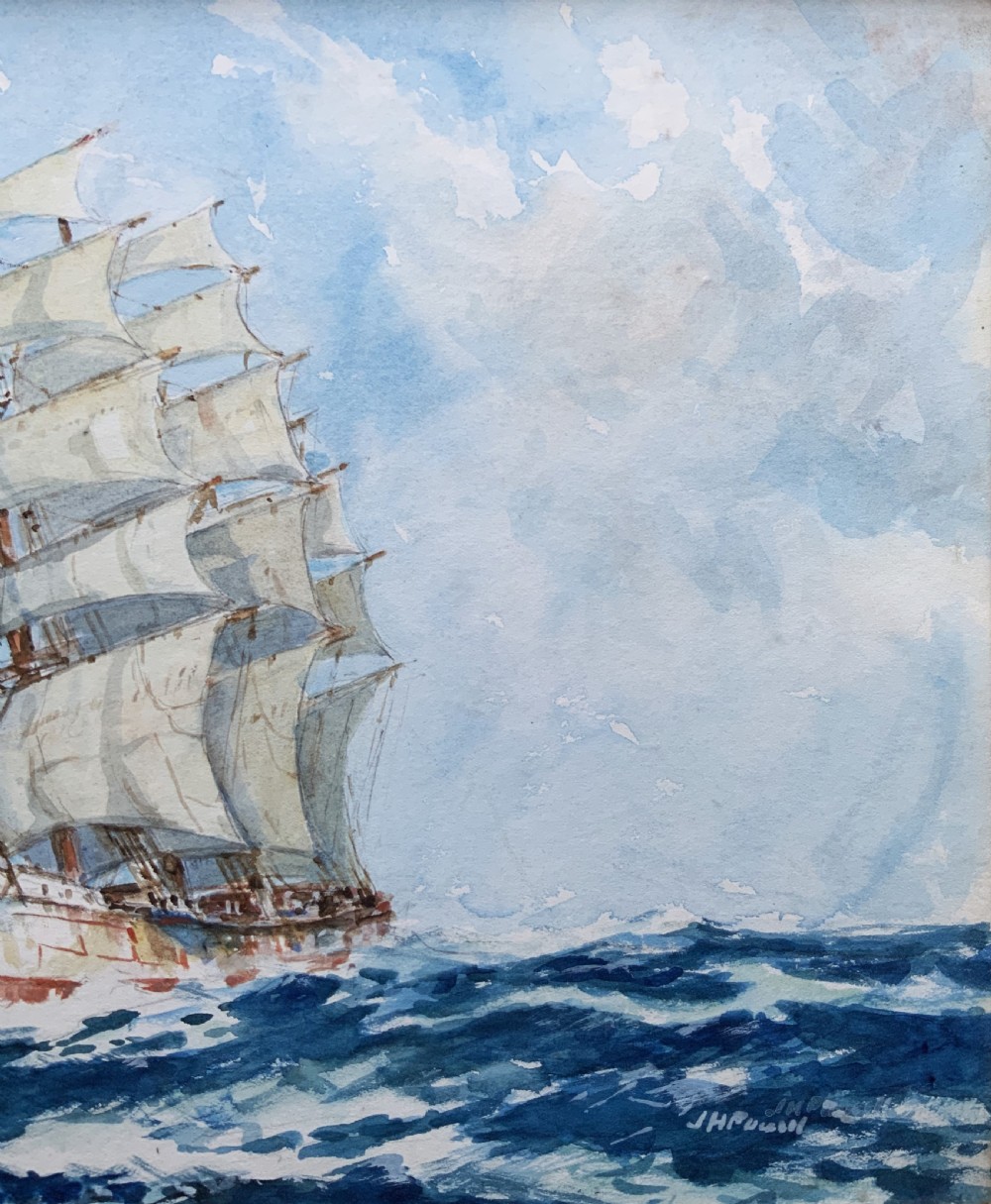 A framed 19th-century watercolour painting depicting a multi-masted sailing ship navigating choppy blue seas under a cloudy sky. View V