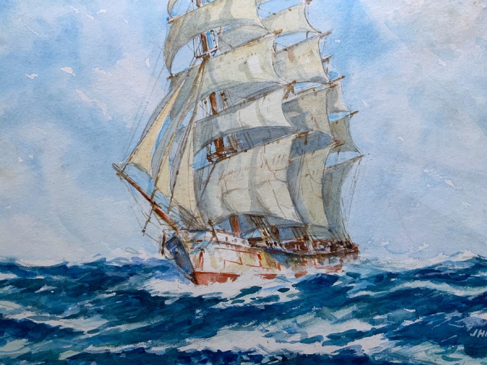 A framed 19th-century watercolour painting depicting a multi-masted sailing ship navigating choppy blue seas under a cloudy sky. View VI