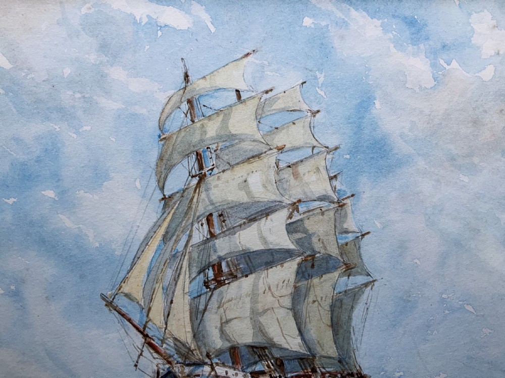 A framed 19th-century watercolour painting depicting a multi-masted sailing ship navigating choppy blue seas under a cloudy sky. View VII