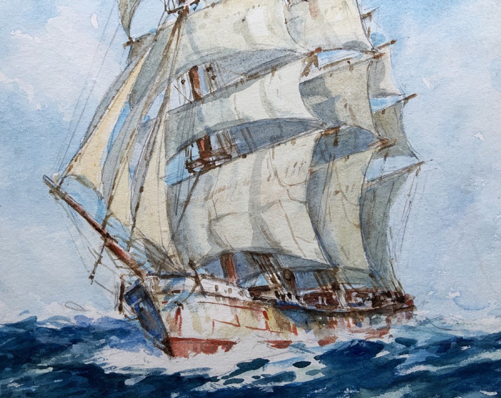 A framed 19th-century watercolour painting depicting a multi-masted sailing ship navigating choppy blue seas under a cloudy sky. View VIII
