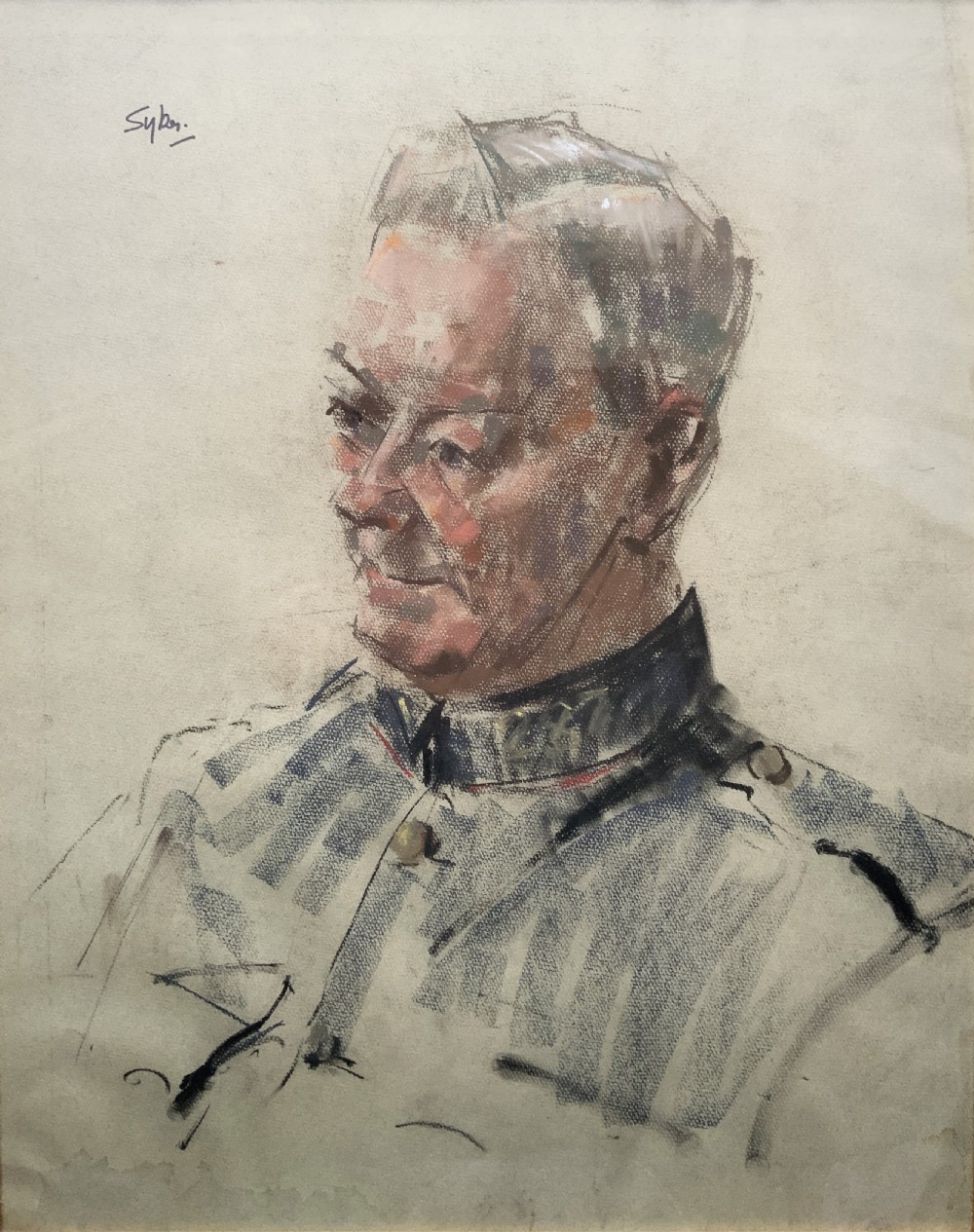 A framed twentieth-century pastel portrait drawing depicting a military officer in uniform within a carved gilt wood frame. View II