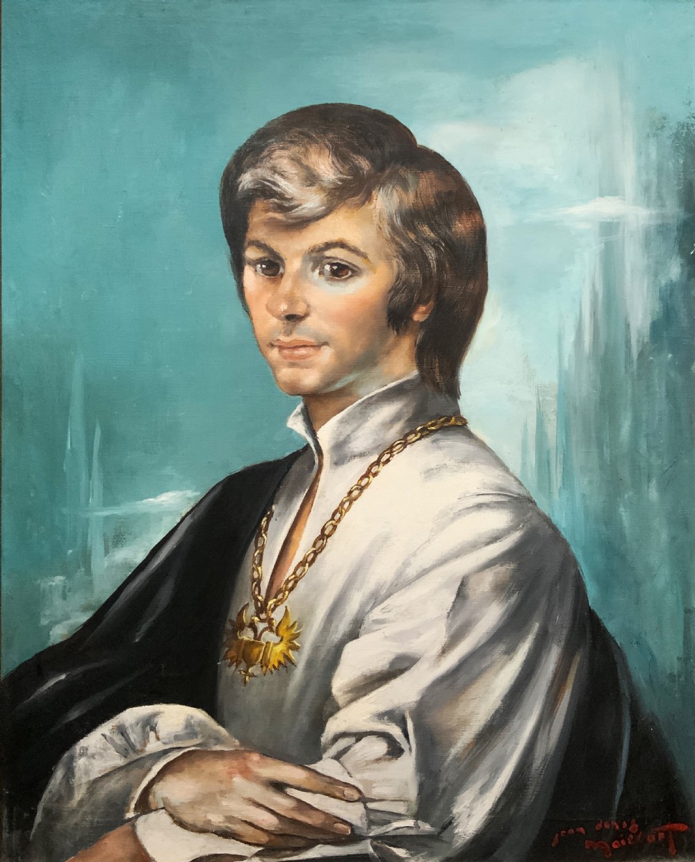 A mid-century framed oil portrait of a young man wearing a white garment and gold chain against a teal background. View III
