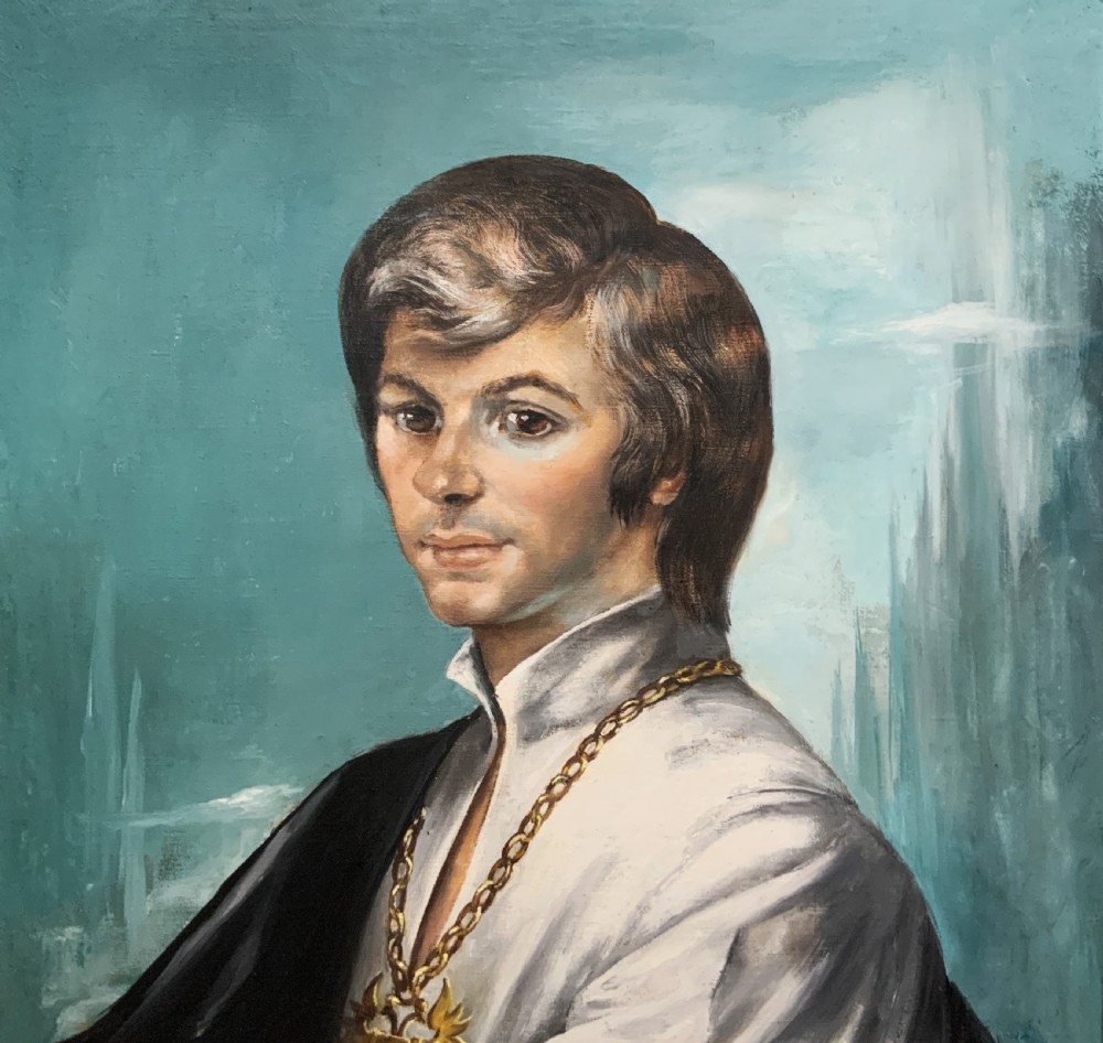 A mid-century framed oil portrait of a young man wearing a white garment and gold chain against a teal background. View IV