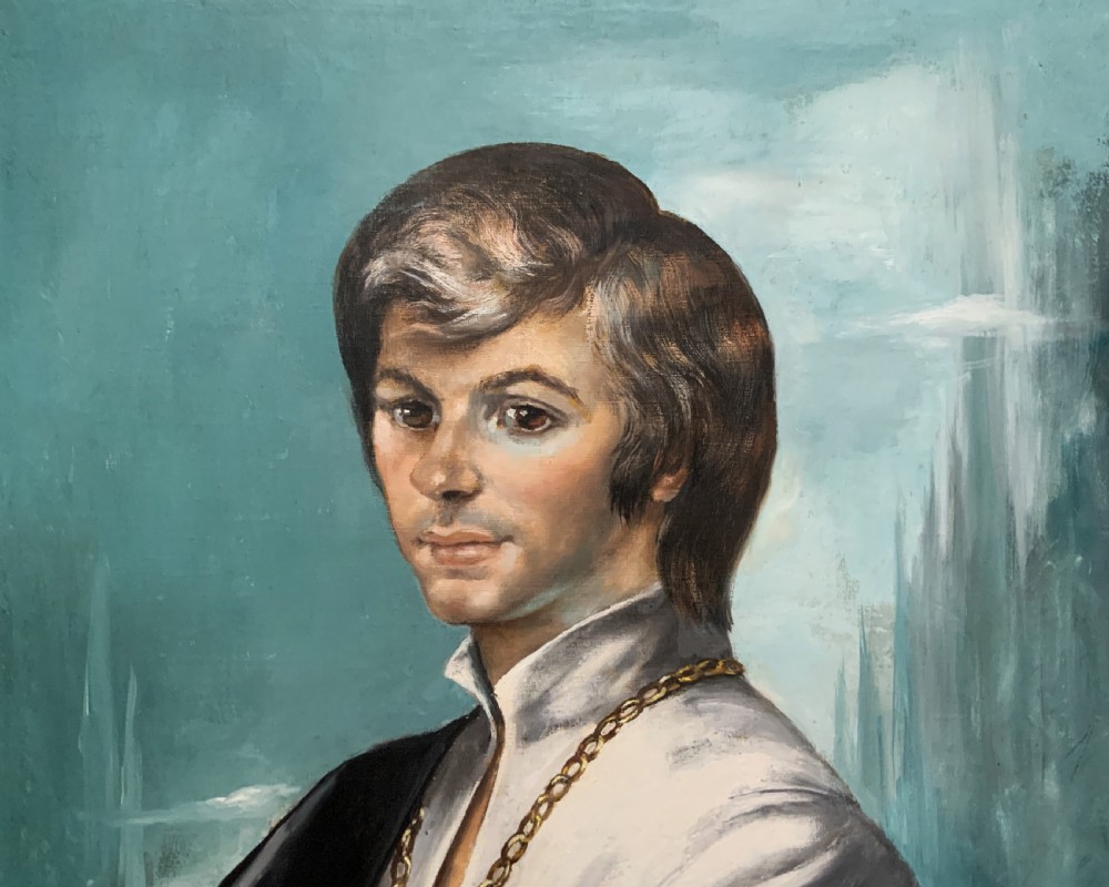 A mid-century framed oil portrait of a young man wearing a white garment and gold chain against a teal background. View V