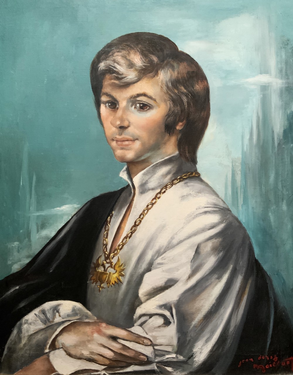 A mid-century framed oil portrait of a young man wearing a white garment and gold chain against a teal background. View VI